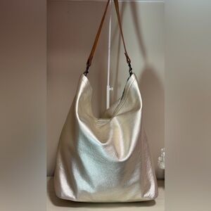Metallic Pearl Shoulder Hobo with Tan Strap